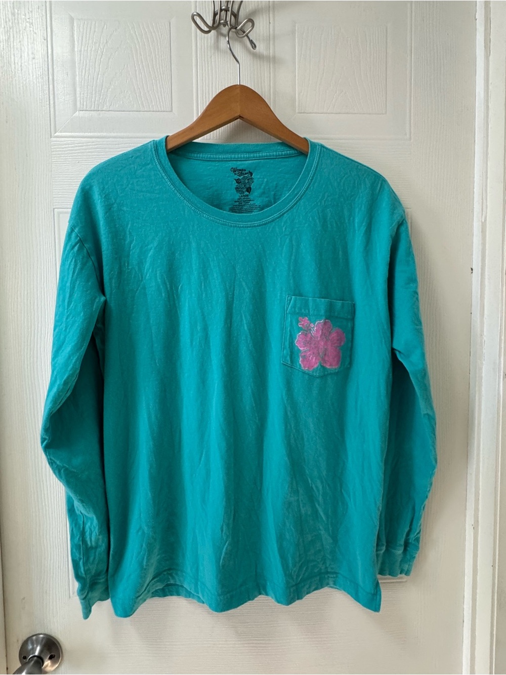 Margaritaville Teal Long Sleeve Pocket Tee with Pink Hibiscus